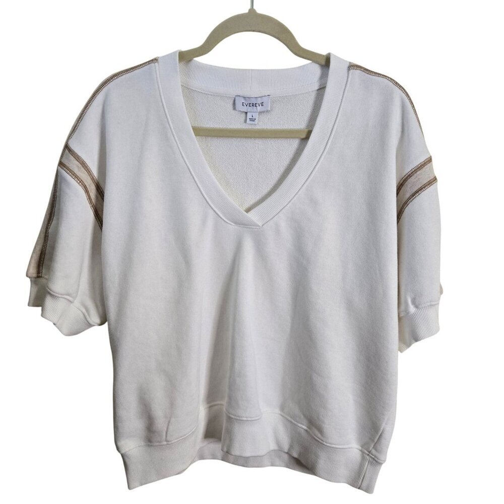Evereve Dex Sweatshirt Vneck Short Sleeve Beige Stripe Fleece Terry Size L - Picture 2 of 7